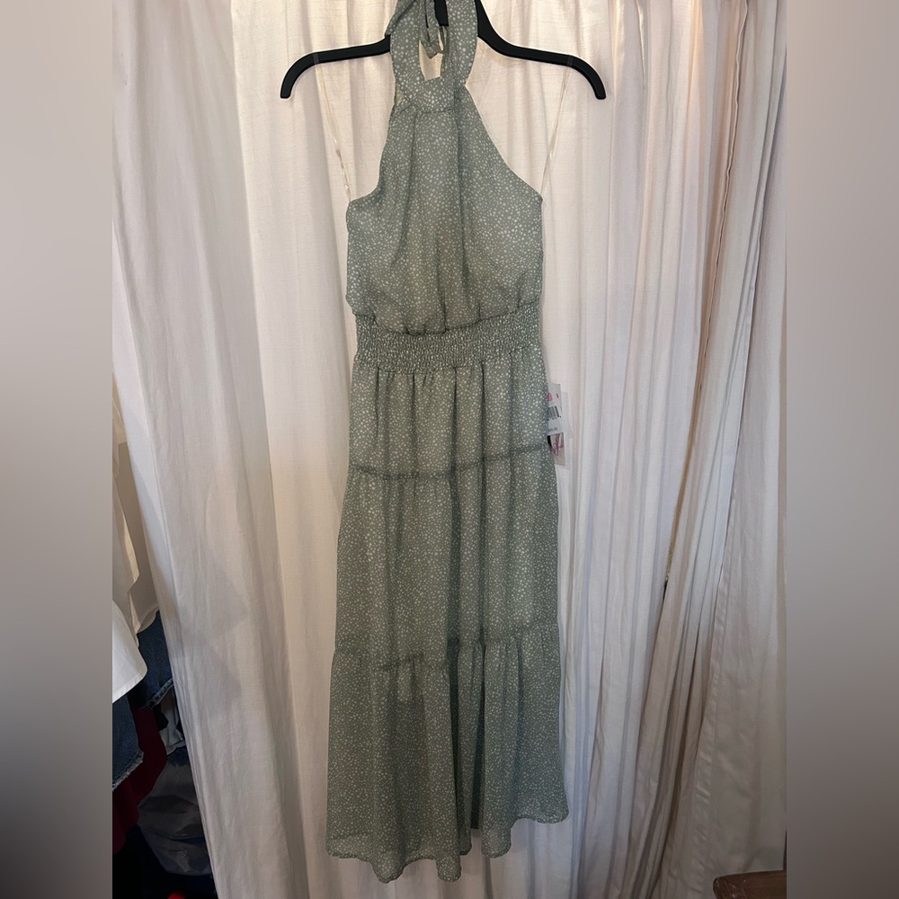 Honey and Rosie Sage Green Halter Maxi Backless Dress with White Ditsy Print